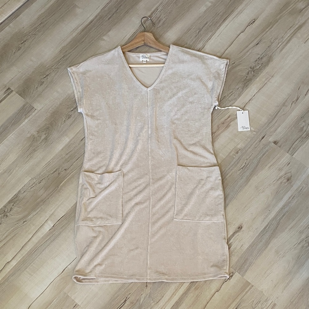Elegant Cream Mini Dress stretch velvet like fabric